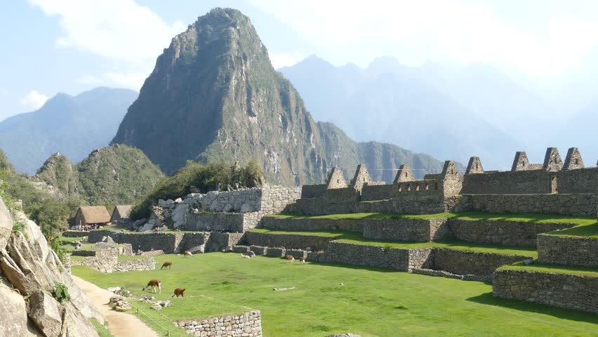 Machu Picchu ruins in Peru are UNESCO World Heritage and one of the worlds most famous cult sites. This clip shows a courtyard with grazing Lamas