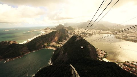 Rio De Janeiro shot from the sugar loaf mountain with Copacabana and cable construction from cable car visible