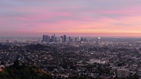 Downtown Los Angeles dusk to night cityscape time lapse view.