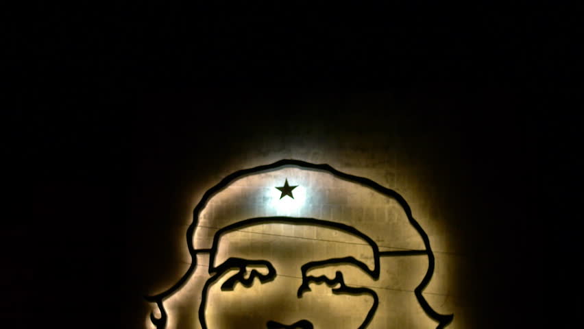 Close up vertical pan of lit up monument to Che Guevara in Havana, Cuba.