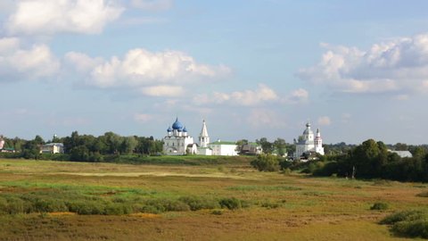View of the Cathedral of the Nativity of the Virgin, bell tower and St. Nicholas church in the Suzdal Kremlin. Suzdal, Golden Ring of Russia.