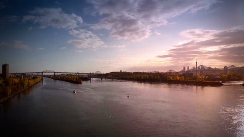 Aerial Footage of Montreal and Jacques-Cartier bridge city in Quebec, Canada during Autumn