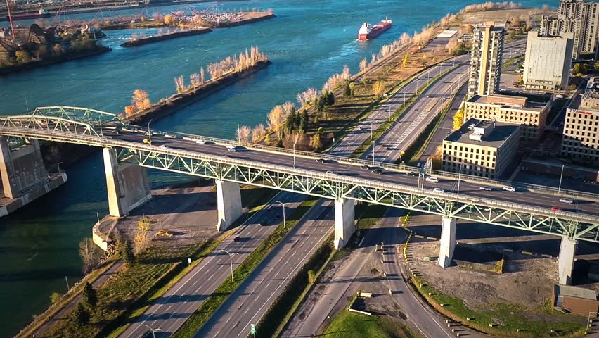 Aerial Footage of Montreal Jacques-Cartier Bridge, Quebec, Canada during end of Autumn