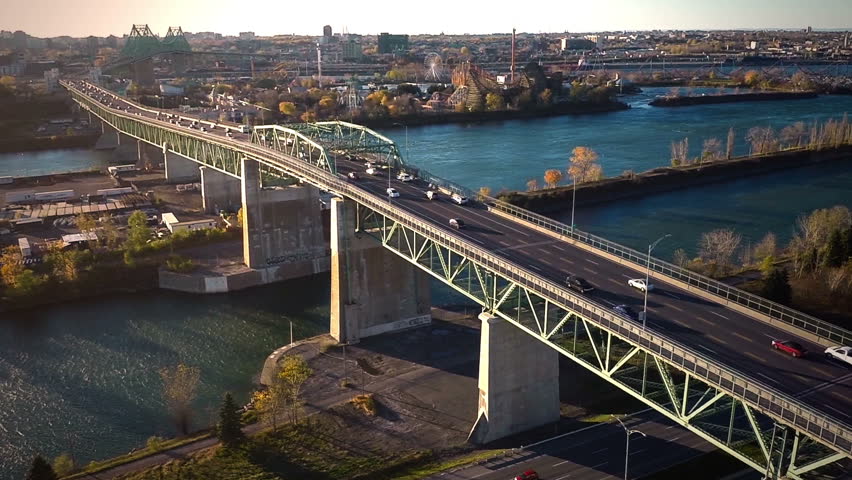 Aerial Footage of Montreal Jacques-Cartier Bridge, Quebec, Canada during end of Autumn