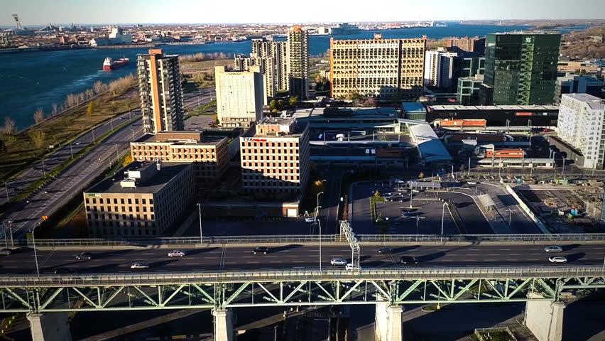 Aerial Footage of Montreal Jacques-Cartier Bridge, Quebec, Canada during end of Autumn
