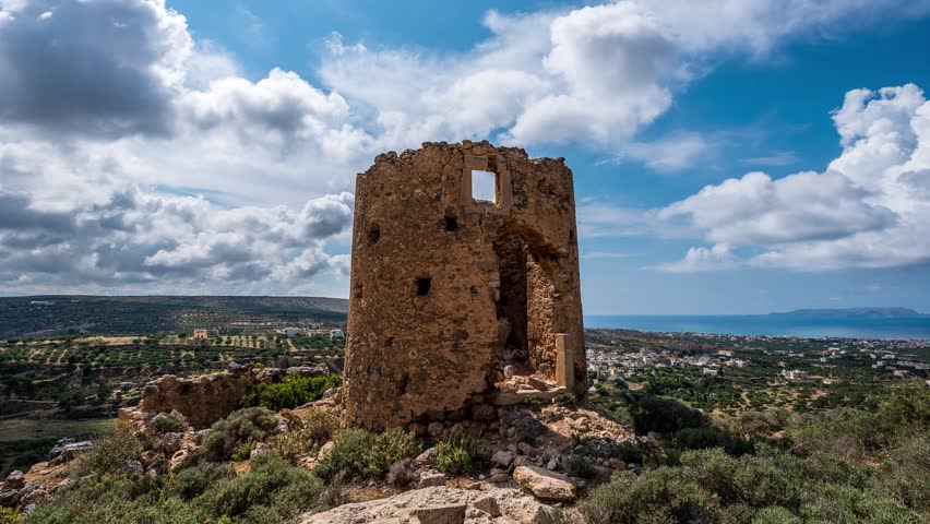 Ruin of an old windmill outside the village of Gouves on the island of Crete in Greece