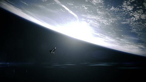 Space shuttle over earth. 4K wide angle animation.