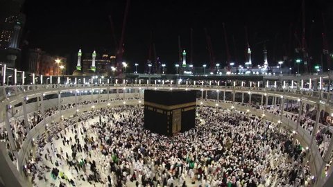 Muslim pilgrims circumambulate counter clockwise the Kaaba at Masjidil Haram in Makkah, Saudi Arabia. Muslims all around the world face the Kaaba during prayer time. 