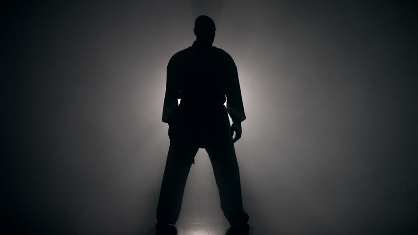 Young man with muscled body, training martial arts (Goju-Ryu Karate-Do) in silhouette Royalty-Free Stock Footage #8639878