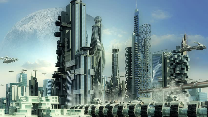 Futuristic cityscape with metallic skyscrapers and hoovering aircrafts for science fiction or fantasy animated backgrounds Royalty-Free Stock Footage #8640934