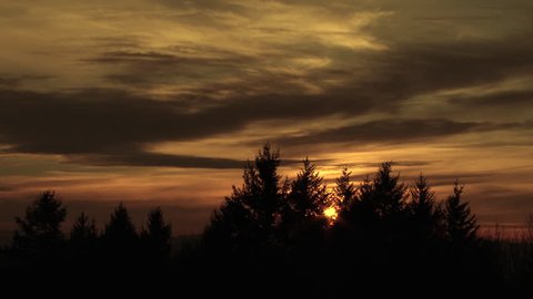 Colorful sunrise clouds time lapse with sun rising behind forest trees in Portland, Oregon. : vidéo de stock