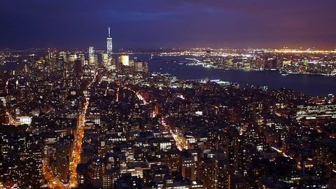 New York City Manhattan aerial panorama cityscape skyline after sunset. 