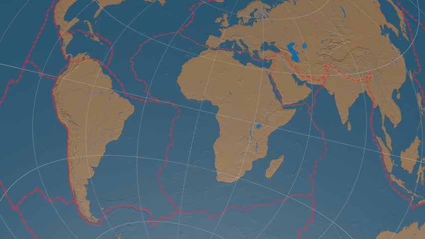 African tectonic plate is centered on map of Azimuthal Equidistant projection. Graticule added. Elevation and bathymetry data on solid colors used. Elements of this image furnished by NASA.