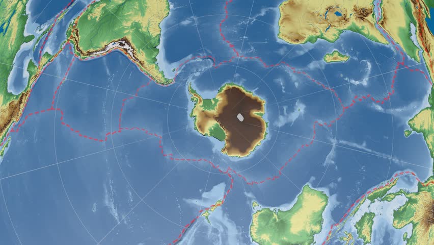 Antarctic tectonic plate is centered on map of Azimuthal Equidistant projection. Graticule added. Colored elevation and bathymetry data used. Elements of this image furnished by NASA.