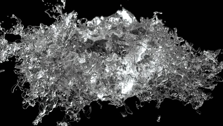 4k Looped impressive high-detailed splash of clean water frozen in time, fly around  (ultra Hd, seamless loop, 3840 X 2160, ready for compositing, isolated on black). beautiful soft focus shot