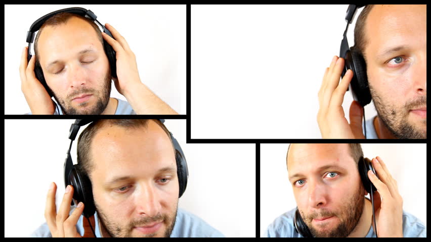 Man listening to the music, isolated on white, montage