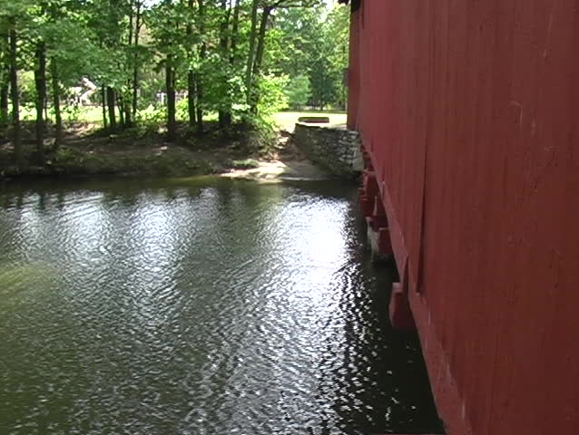 Covered bridge over a creek.