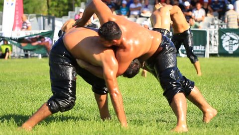 ISTANBUL, TURKEY - AUG 24, 2012: 8th Sile Annual Turkish Oil Wrestling Event. Traditional Turkish Oil Wrestling 
