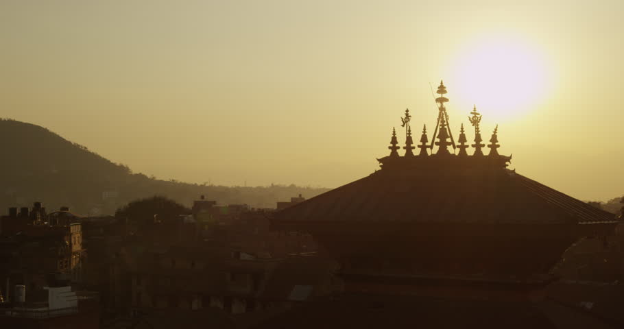 Sunset at Nyatapola Temple and Bhairavnath temple in Bhaktapur, Nepal. The Himalayan Mountain Range can be seen in the distance. Shot on Red Scarlet.