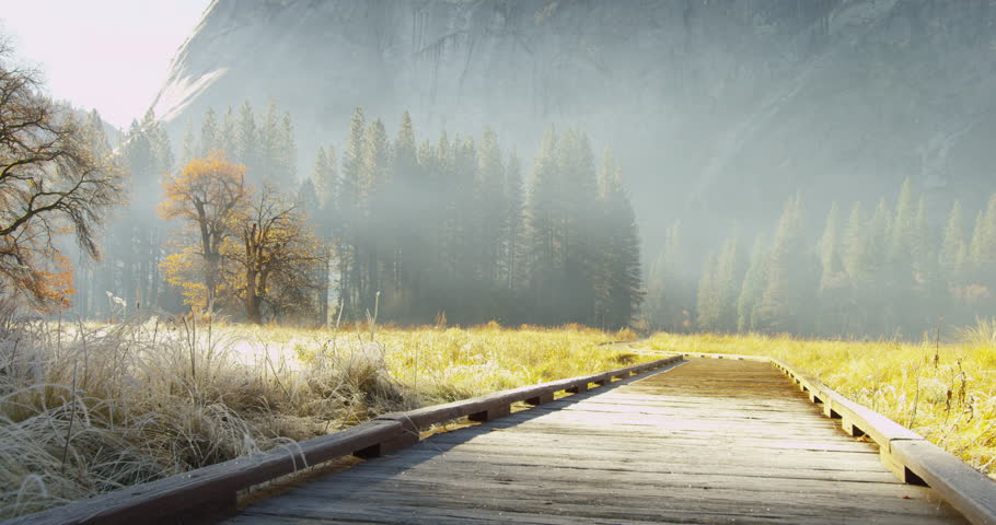 Frozen meadows at Yosemite National Park. Half of the wooden trail is frozen and other melted. Yosemite National Park, California is visited by over 3.7 million tourists yearly. Shot on Red Epic.