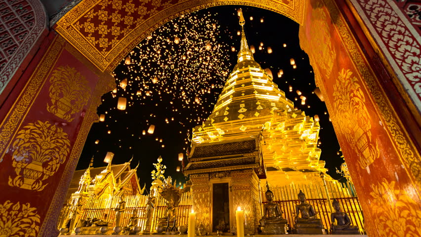Wat Phra That Doi Suthep And Many Sky Fire Lantern Background Famous Temple of Chiang Mai, Thailand