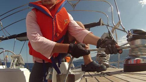 ZAKYNTHOS, GREECE - CIRCA OCT, 2014: Clips set: Sailors participate in sailing regatta 12th Ellada Autumn 2014 among Greek island group in the Ionian Sea and Aegean Sea, in Cyclades and Saronic Gulf.