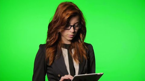 Business Woman working at the office (green screen,alpha)