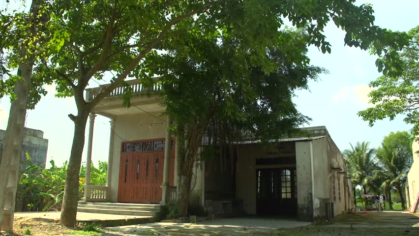Mid shot of willow tree in front of small sunlit dwelling in Vietnam