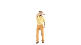 Young man dressing 70s yellow-orange vintage clothes and hat makes dance move on 103 bpm music track - isolated-on-white HD video footage