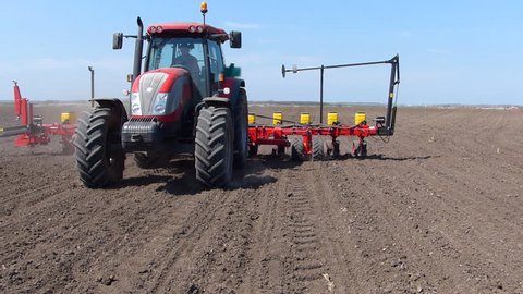 Agricultural tractor sowing and cultivating field, two video clips