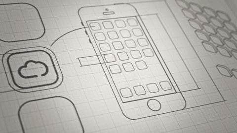 Mobile App development sketch concept. Technology drawing animation. Different colors in my profile.