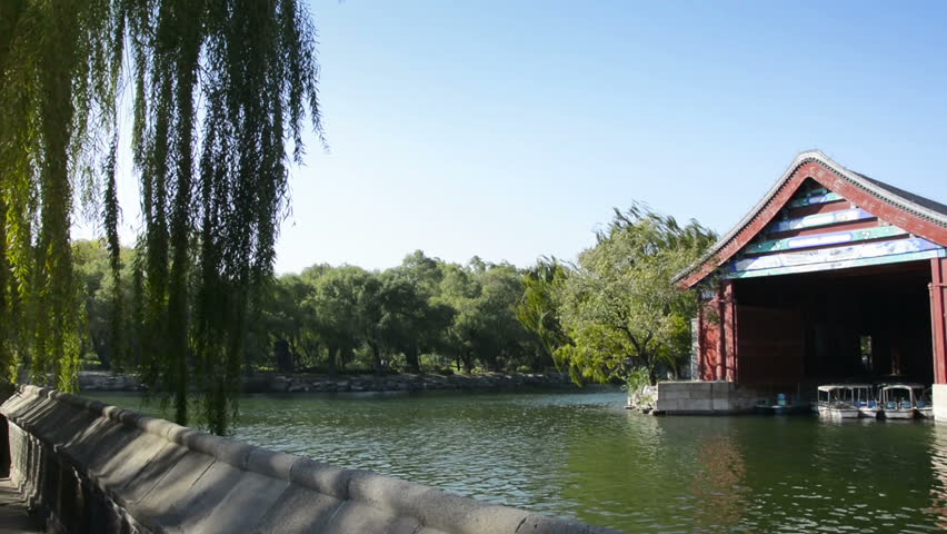 Traditional Chinese building and yacht. Located in the Summer Palace. Beijing, China.