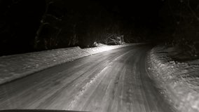 4k Mountain Forest Road sport drive On A Winter Night, uhd stock video