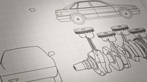 Car's engine plan background. Paper animation. Writing on brown paper.