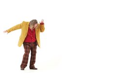 Middle-age man dressing 70s brown-red vintage clothes dances on 103 bpm music track - isolated-on-white HD video footage