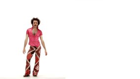 Curly hair tired man dressing 70s tight pink-fuchsia vintage clothes dances on 103 bpm music track, stop and rest - isolated-on-white HD video footage