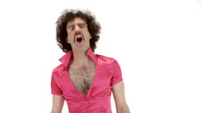 Curly hair man dressing 70s tight pink-fuchsia vintage clothes dances and finish on 103 bpm music track close-up - isolated-on-white HD video footage