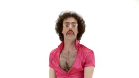 Curly hair man dressing 70s tight pink-fuchsia vintage clothes makes dance move on 103 bpm music track close-up - isolated-on-white HD video footage