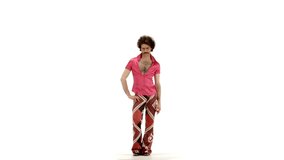 Curly hair man dressing 70s tight pink-fuchsia vintage clothes dances on 103 bpm music track - isolated-on-white HD video footage