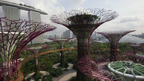 SINGAPORE - July 2103:  Aerial fly-over view of Gardens By The Bay, Singapore.  Featuring Supertree Grove, Cloud Forest and Flower Dome.  