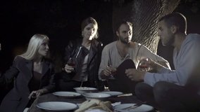 Group of four happy men and women friends smile and toast aperitif in outdoor rural scenic at night - slow-motion HD video footage