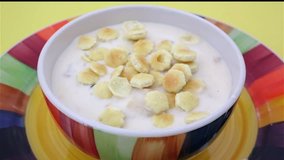 Close view video of eating clam chowder with oyster cracks from a colorful bowl with a yellow background.