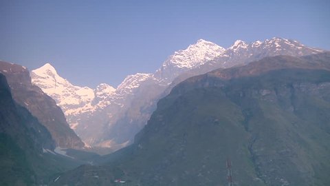 Wide Shot of snowy mountains at Badrinath in Uttarakhand, India