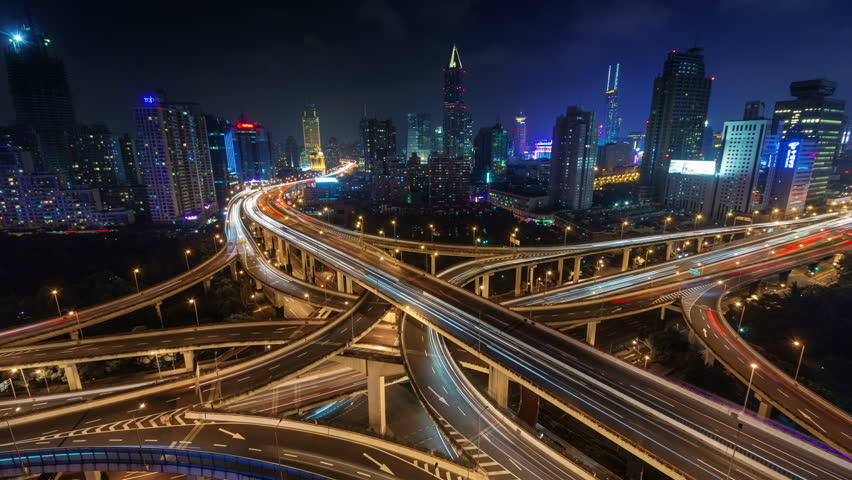 night light traffic multi-level junction 4k time lapse from shanghai Royalty-Free Stock Footage #8749348