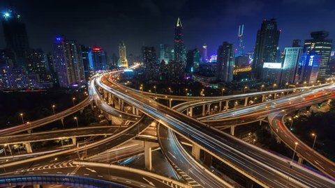 night light traffic multi-level junction 4k time lapse from shanghai
