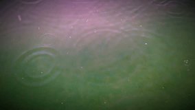 Medium shot of snow flakes falling in the water, causing small and big ripples/concentric circles in the water. Greenish/purple haze.