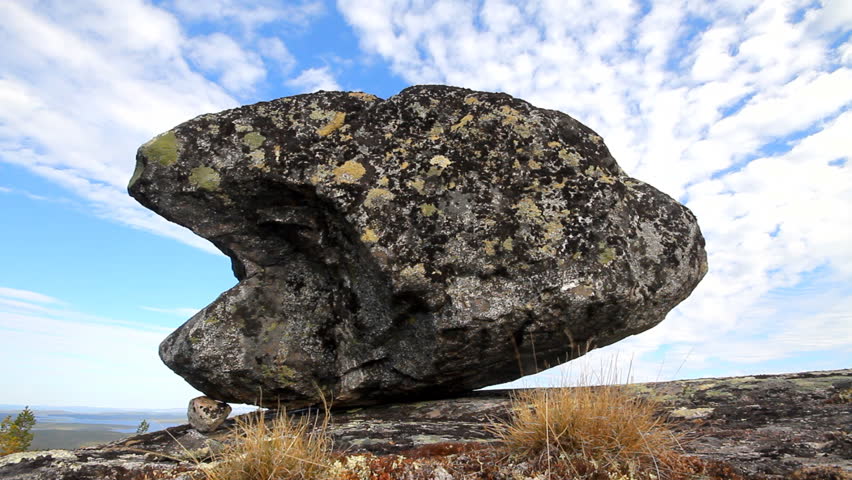 Sacred stone on top of mountain, peculiar form, worshipped by  Saami. North Scandinavia