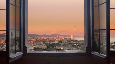 barcelona cityscape as seen from behind a window day to night timelapse at the sunset to night city lighting up panorama traffic rushing 4k