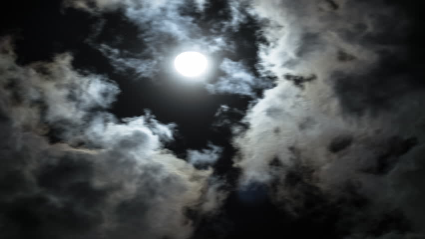 Amazing Night Sky With Shining Full Moon Behind Moving Dramatic Clouds Time Lapse