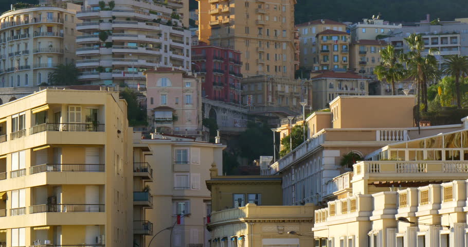 Monaco architecture at french riviera. Monte Carlo city buildings. Mediterranean town luxury cityscape. Luxury travel to old Europe. Famous urban coast view. Summer tourism France destination landmark